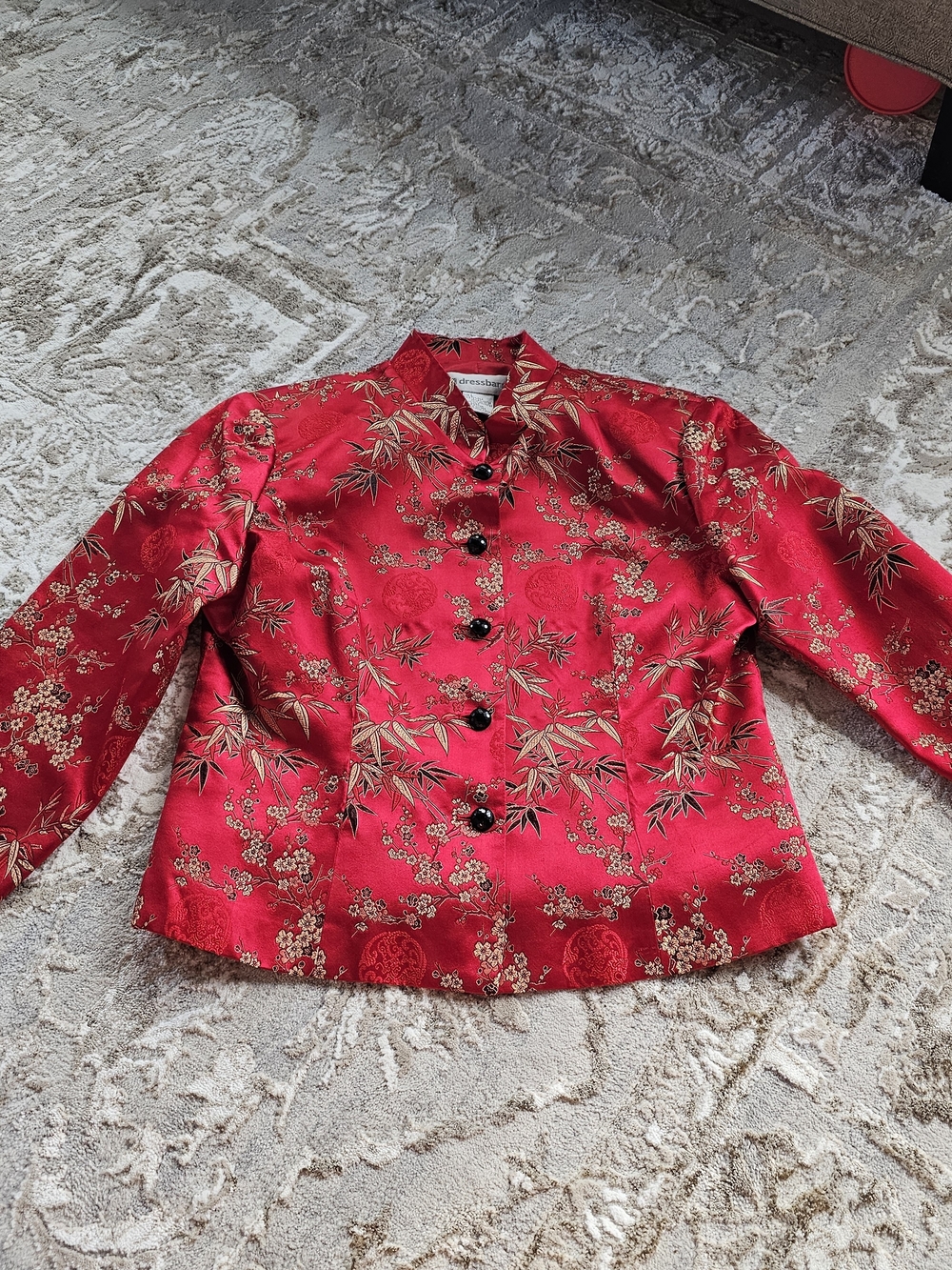 Dressbarn Red Brocade Mandarin Collar Jacket with Gold Floral Embroidery